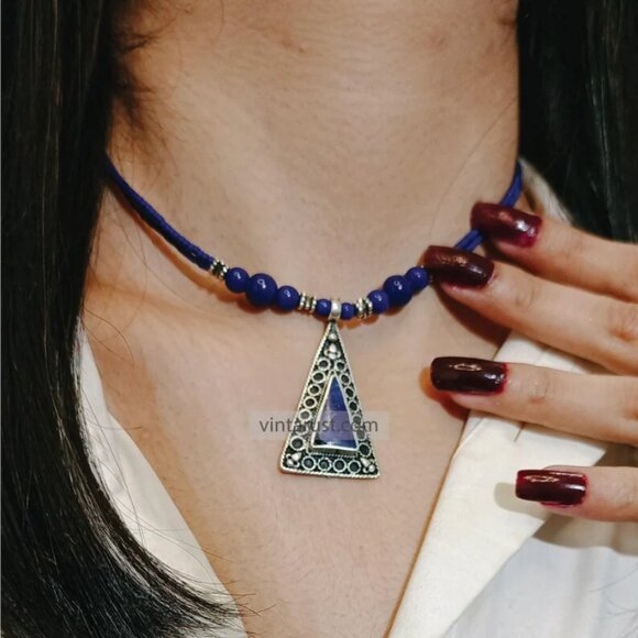 Lapis Beaded Chain Necklace Silver Triangle Pendant with Gemstone Ring - Picture 2 of 3